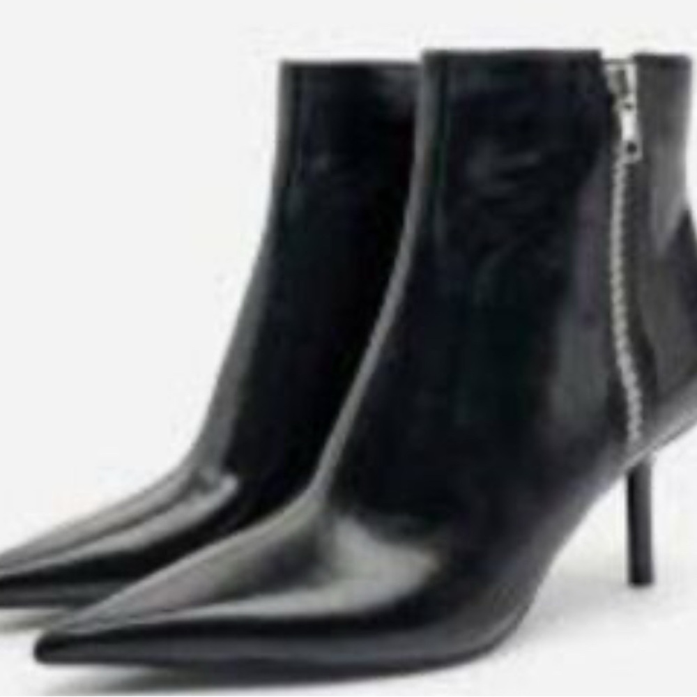 Zara Shiny Black Pointed Ankle Booties